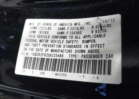 2013 Honda Accord Sdn Ex-L from USA, damaged, VIN 1HGCR2F82DA035488